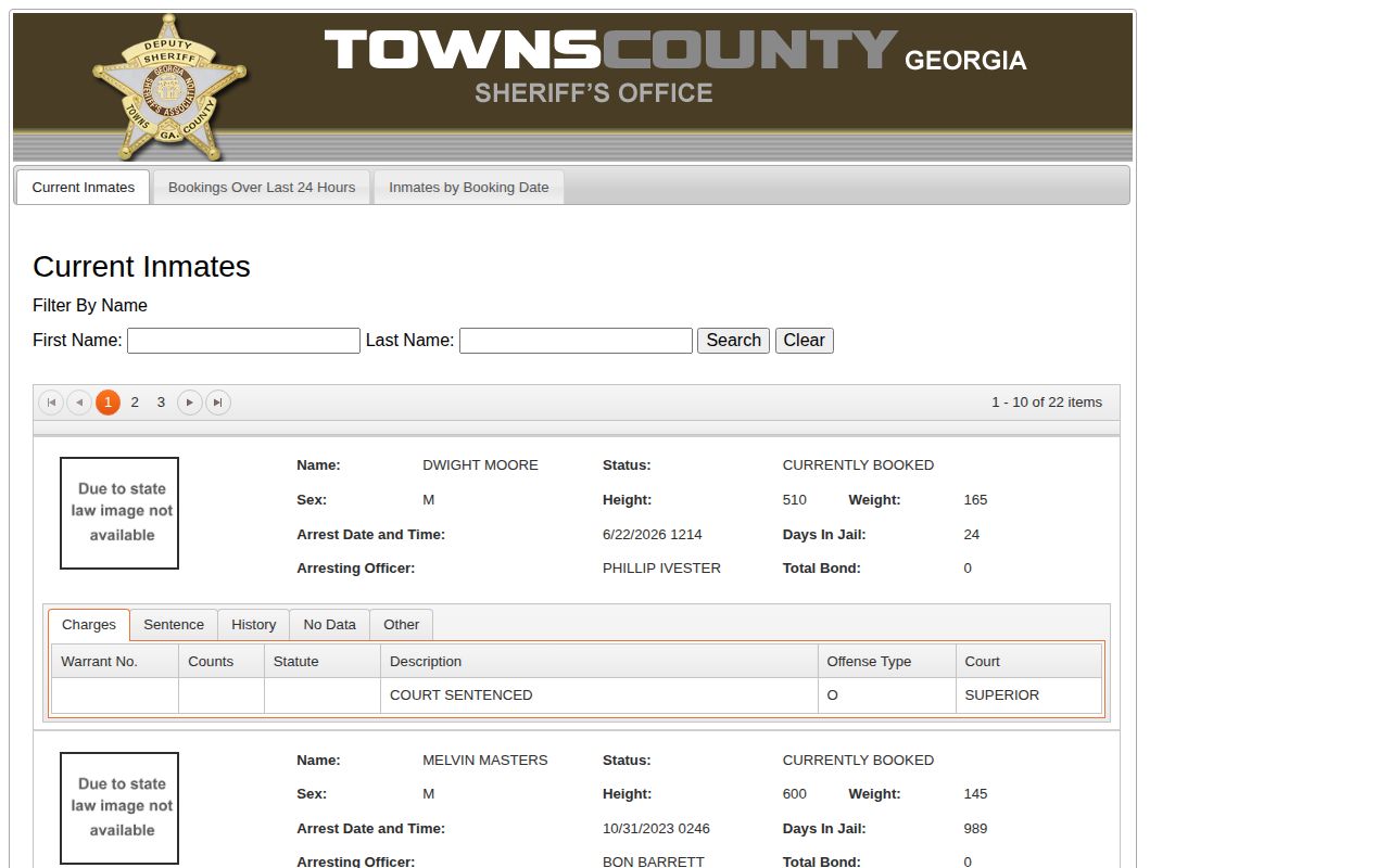 Towns County 72-hour release lookup using booking-date roster views
